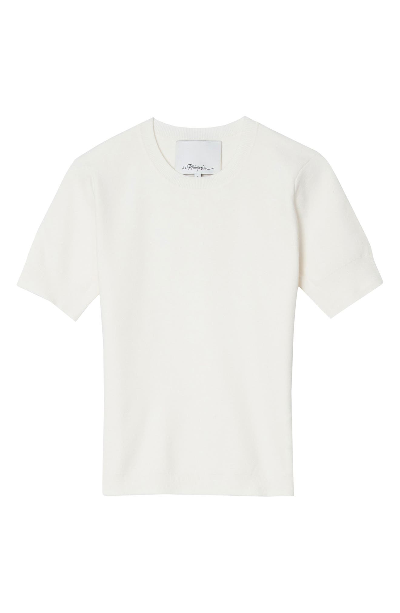 Short Sleeve Cotton Blend Crepe Crewneck Sweater
