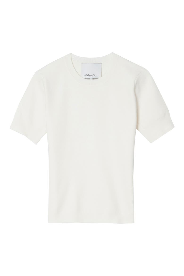 Short Sleeve Cotton Blend Crepe Crewneck Sweater, Alternate, color, CREAM