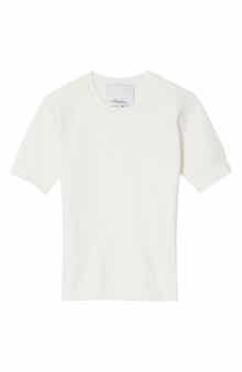 Short Sleeve Cotton Blend Crepe Crewneck Sweater