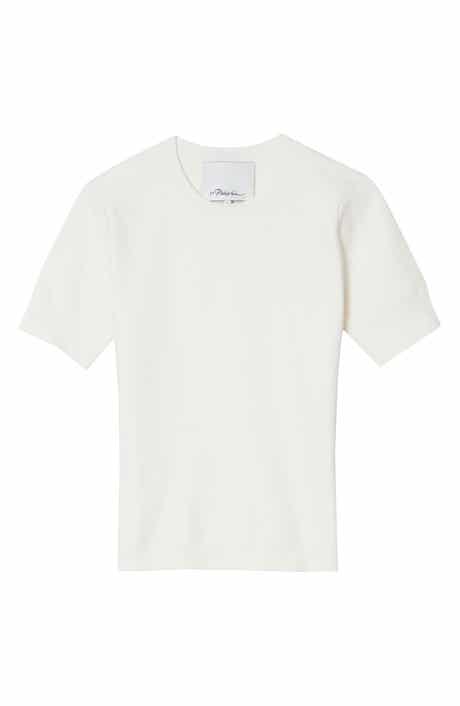 Short Sleeve Cotton Blend Crepe Crewneck Sweater
