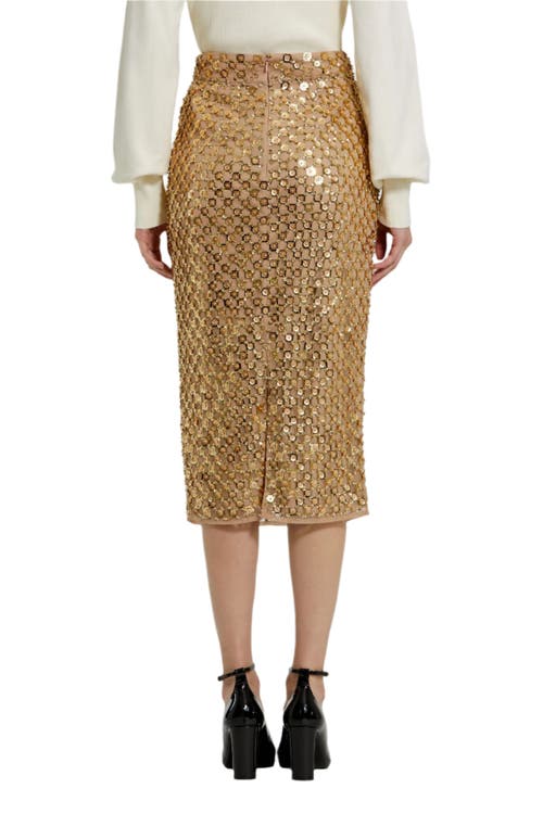 Mac Duggal Sequin Embellished Mesh Fitted Midi Pencil Skirt In Antique Gold