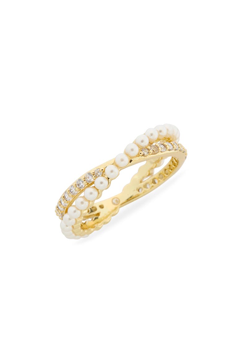 Mixed Crossover Faux Pearl & CZ Band Ring, Main, color, WHITE