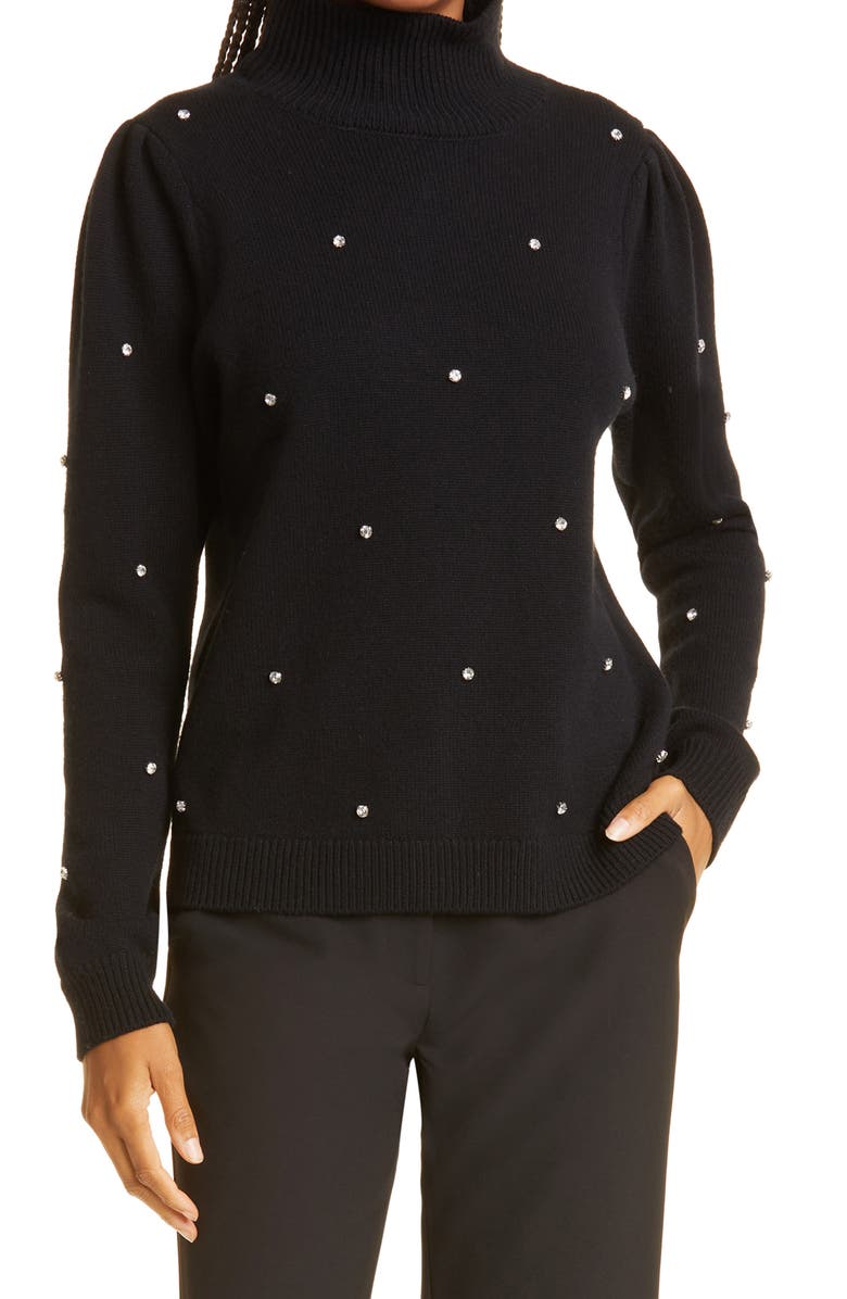 Milly Crystal Embellished Turtleneck Merino Wool Blend Sweater, Main, color, 