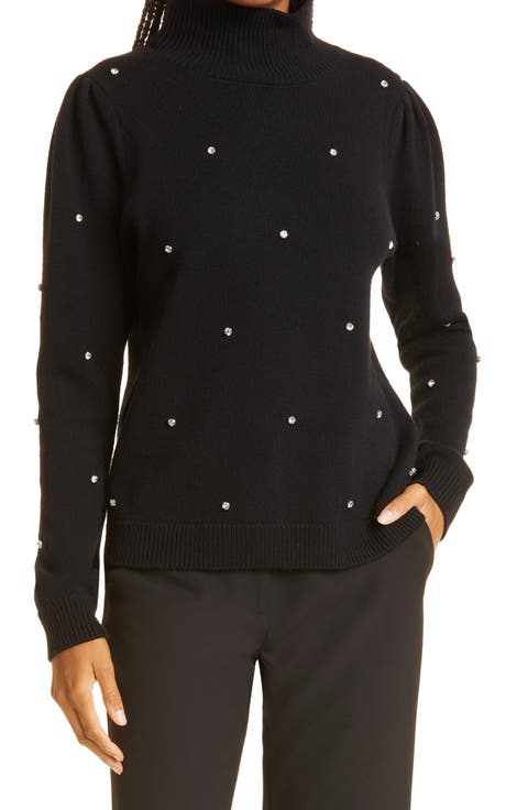 Crystal Embellished Turtleneck Merino Wool Blend Sweater