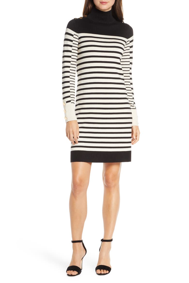 Stripe Long Sleeve Turtleneck Sweater Dress, Main, color, IVORY