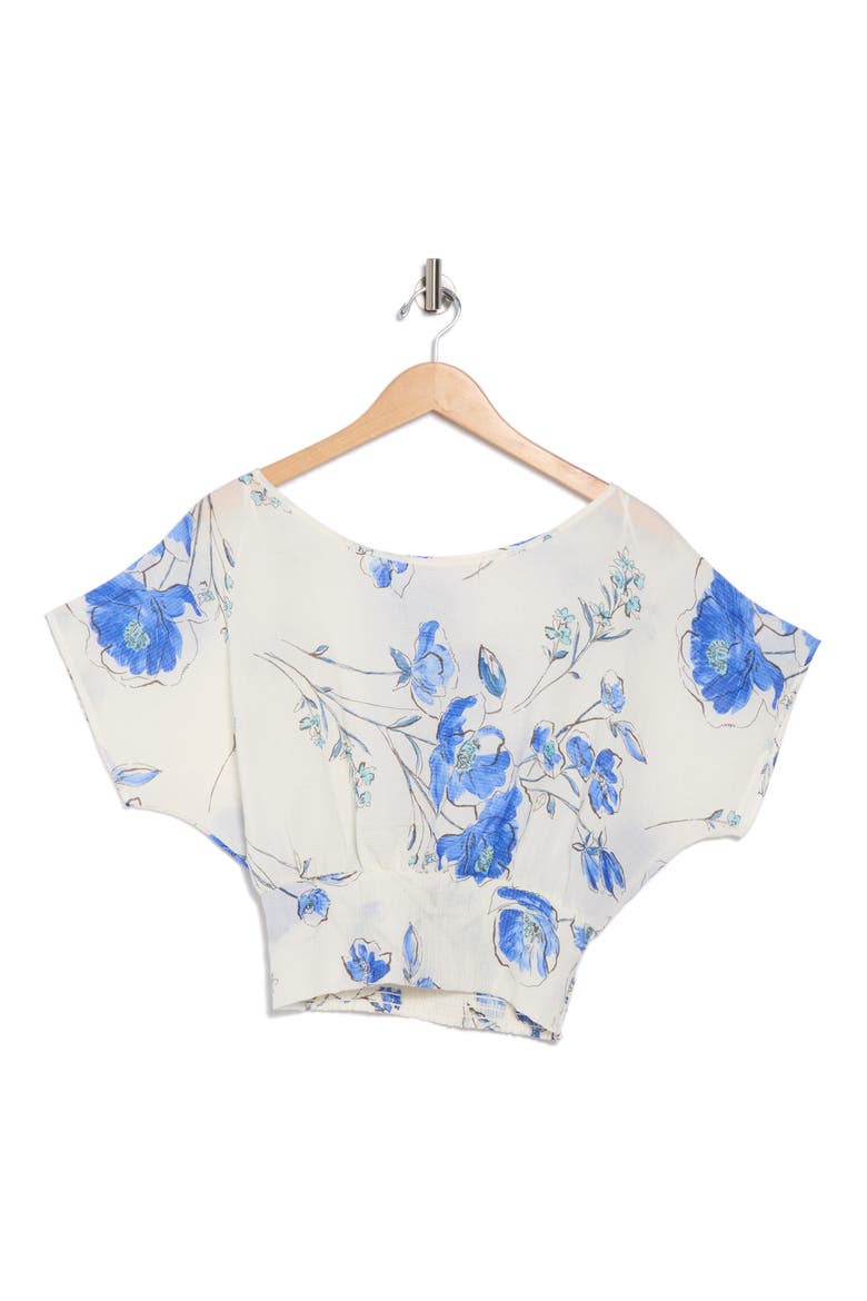 Floral Short Sleeve Smocked Back Crop Top, Alternate, color, WHITE AND BLUE