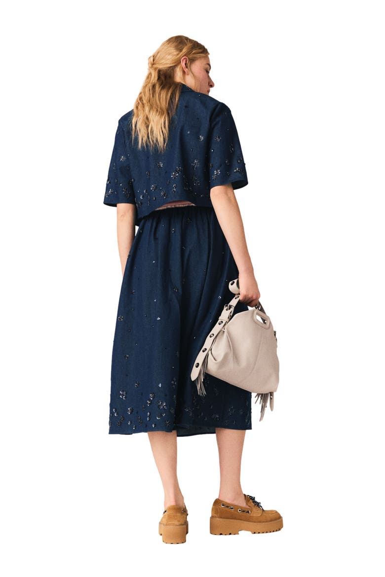 Embroidered cropped denim shirt, Alternate, color, Navy