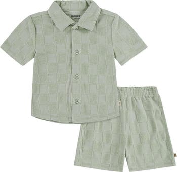 Checkered Terry Short Sleeve Button-Up Shirt & Shorts