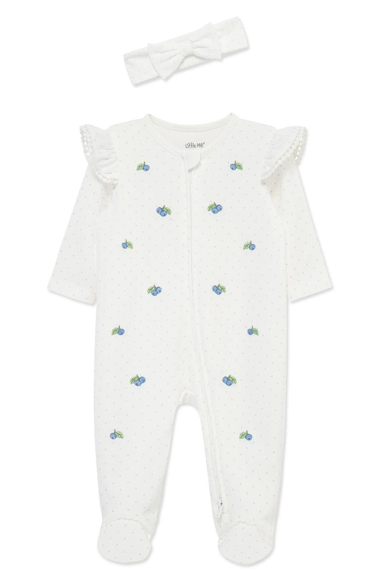 Little Me Blueberries Ruffle Cotton Footie & Headband Set, Main, color, White