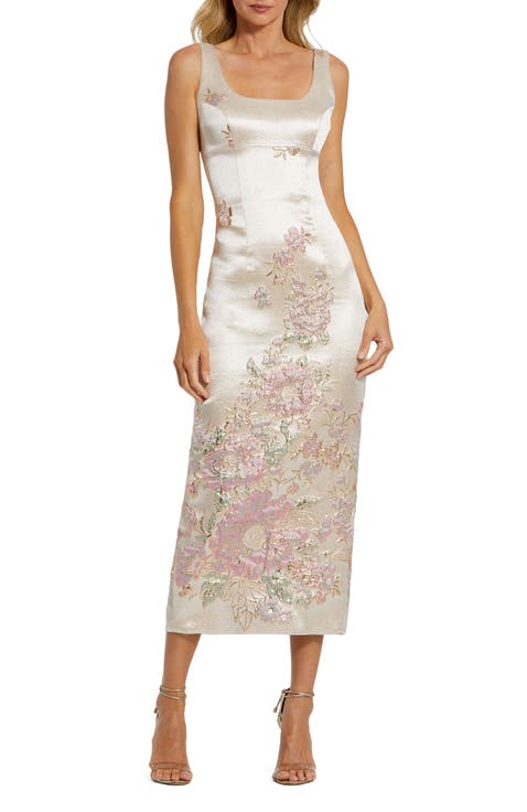 Sleeveless Scoop Neck Floral Detail Brocade Midi Dress