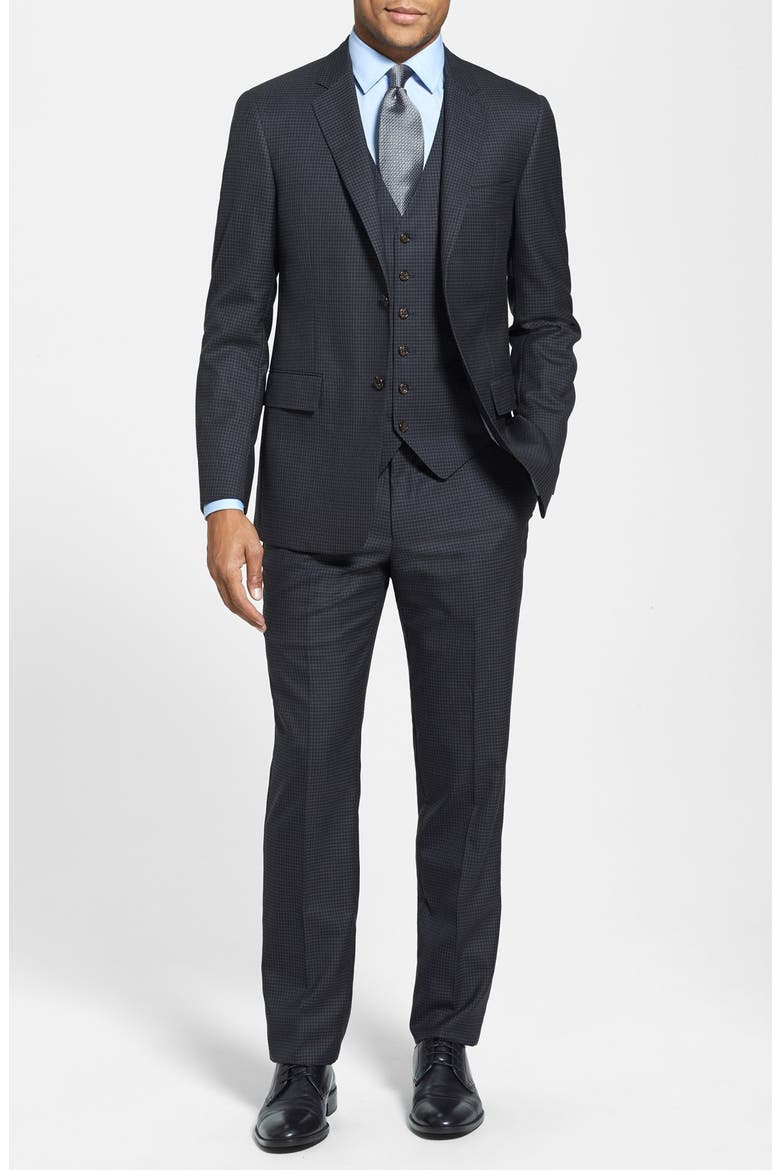 Trim Fit Check Three-Piece Suit, Main, color, DARK GREY
