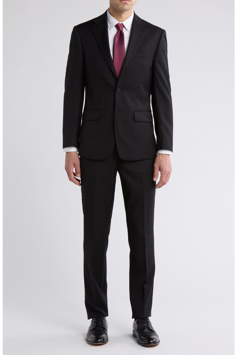 Solid Two-Button Notched Lapel Slim Fit Suit, Main, color, BLACK