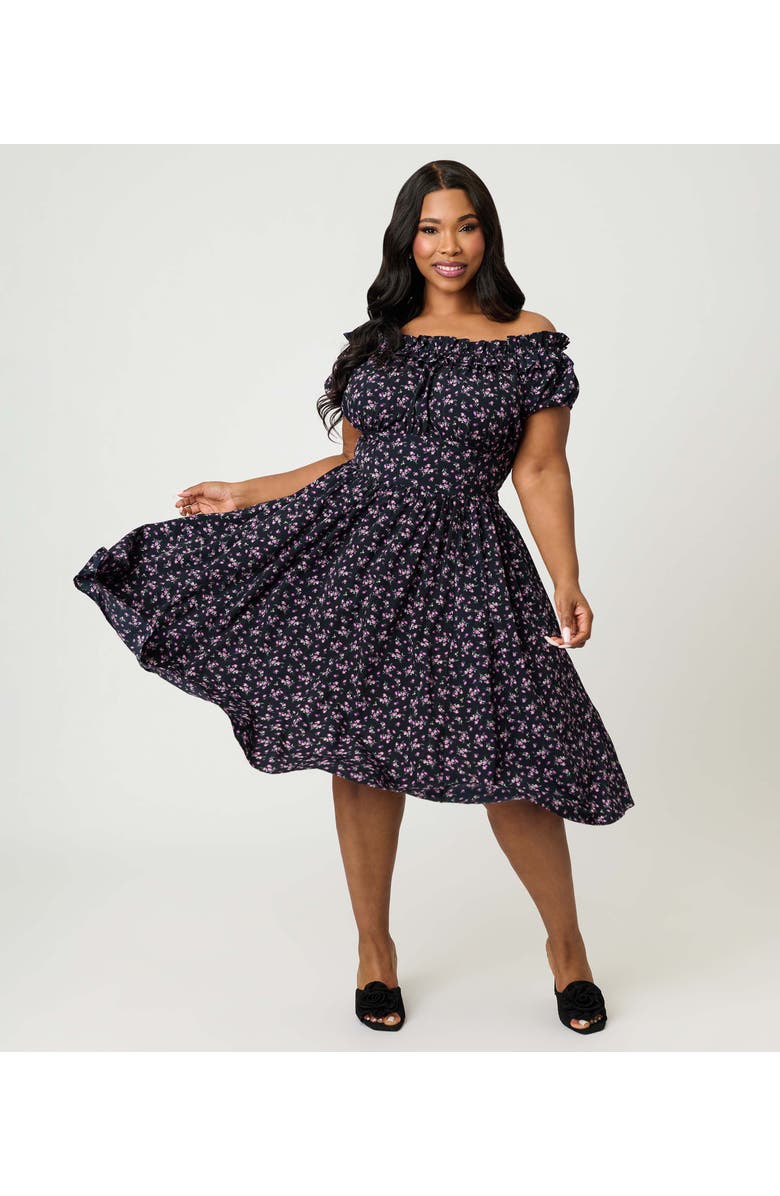 Unique Vintage Plus Size 1950s Off The Shoulder Ruffle Swing Dress, Alternate, color, Black W/ Purple Floral Print
