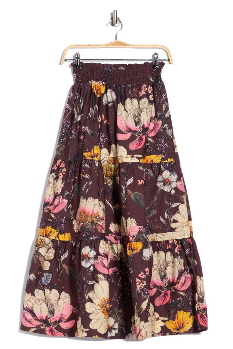 Floral Tiered Cotton Pull-On Skirt, Alternate, color, CHOCOLATE/ VIBRANT FLORAL