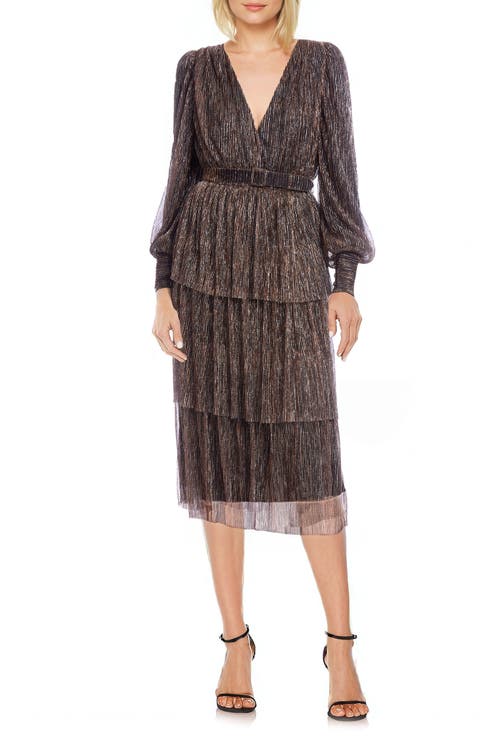 Metallic Stripe Long Sleeve Tiered Cocktail Dress