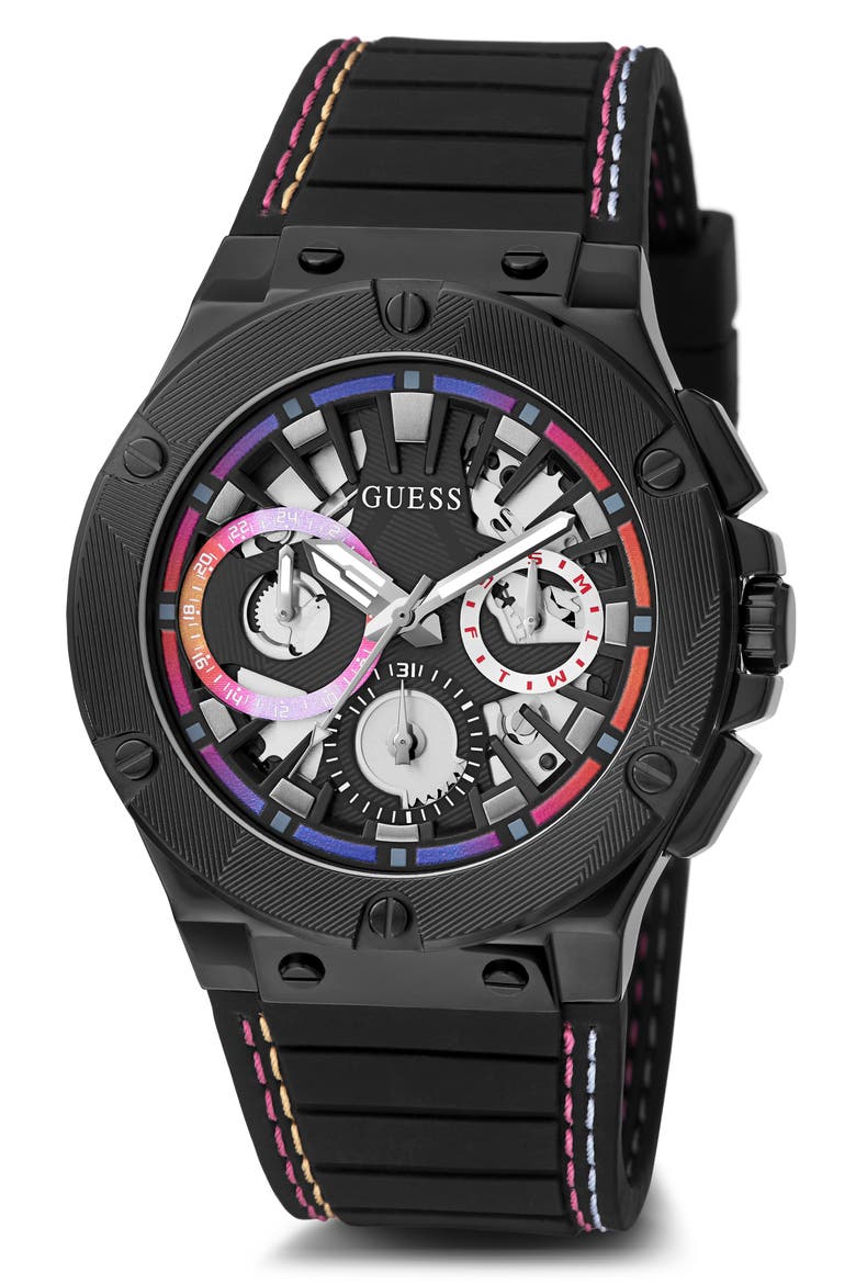 Ombré Multifunction Silicone Strap Watch, 44mm, Main, color, BLACK/BLACK/BLACK