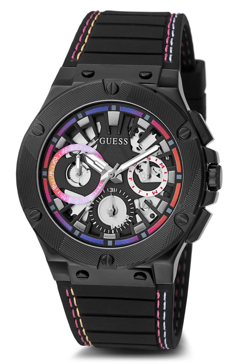 GUESS Ombré Multifunction Silicone Strap Watch, 44mm, Main, color,