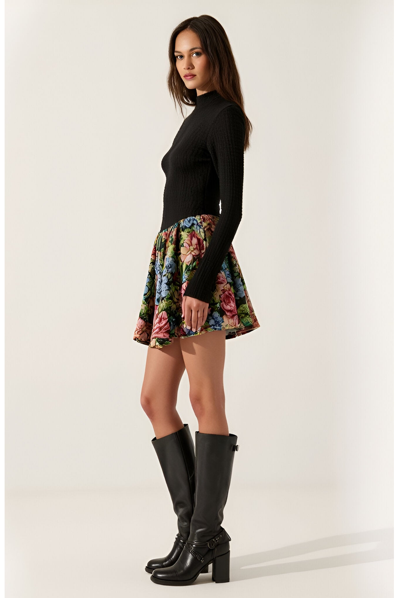 Rib-Knit Mock Neck Long Sleeve Dress with Floral Skirt, Alternate, color, Multicolored Floral