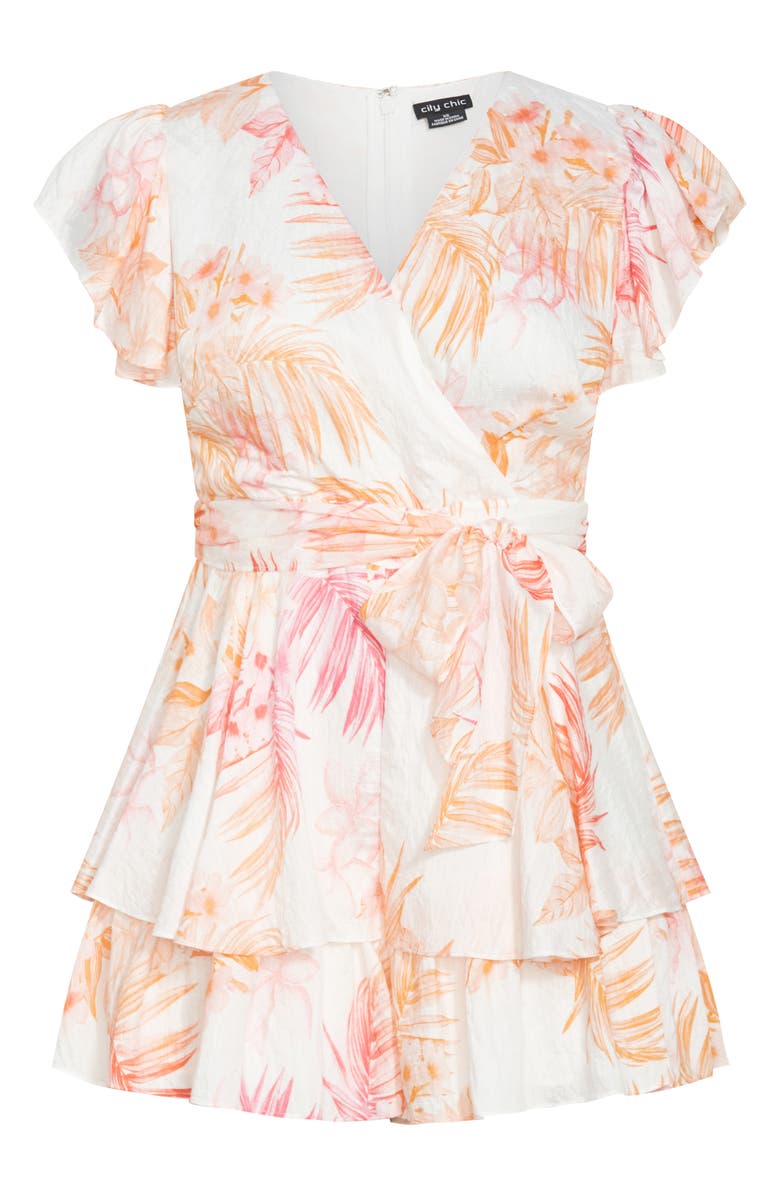City Chic Summer Frill Faux Wrap Romper, Alternate, color, Pink Palm