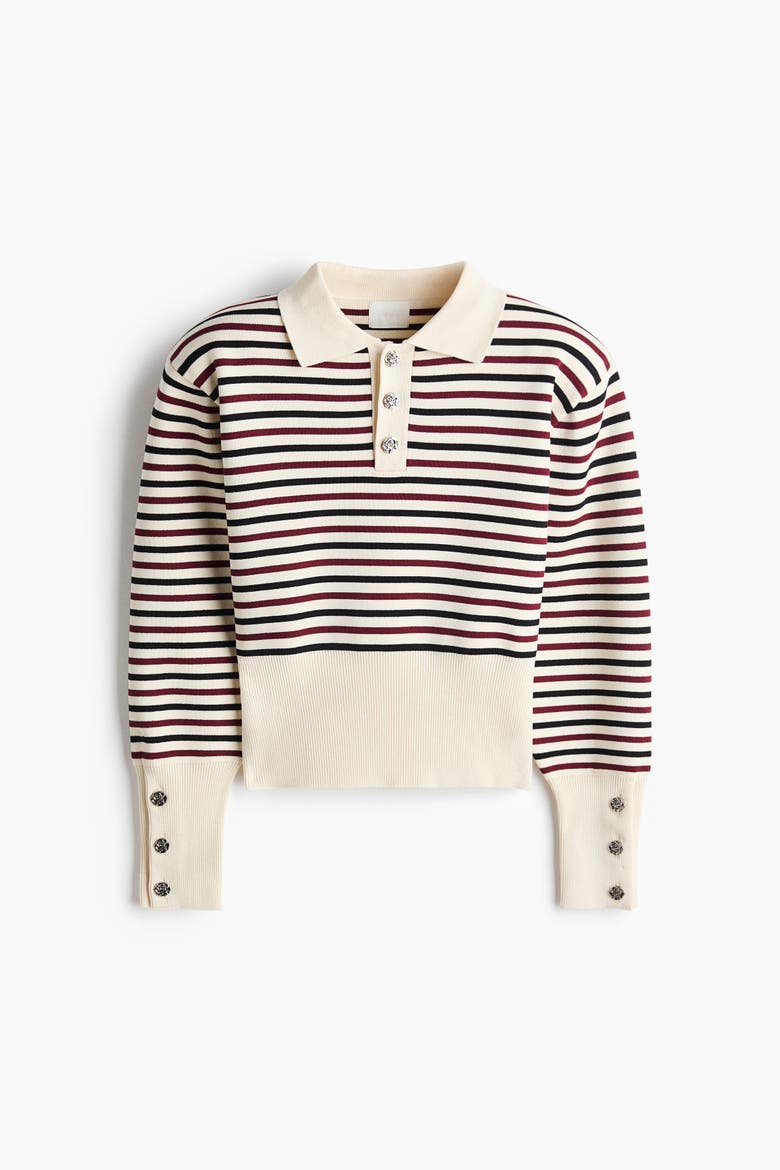 Fine-Knit Polo Shirt With Shoulder Pads, Alternate, color, Cream/striped