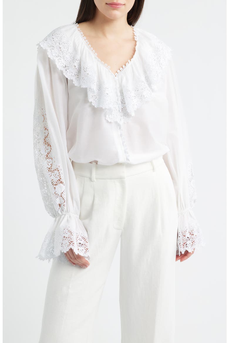 Arielle Lace Trim Ruffle Pullover Top, Main, color, WHITE