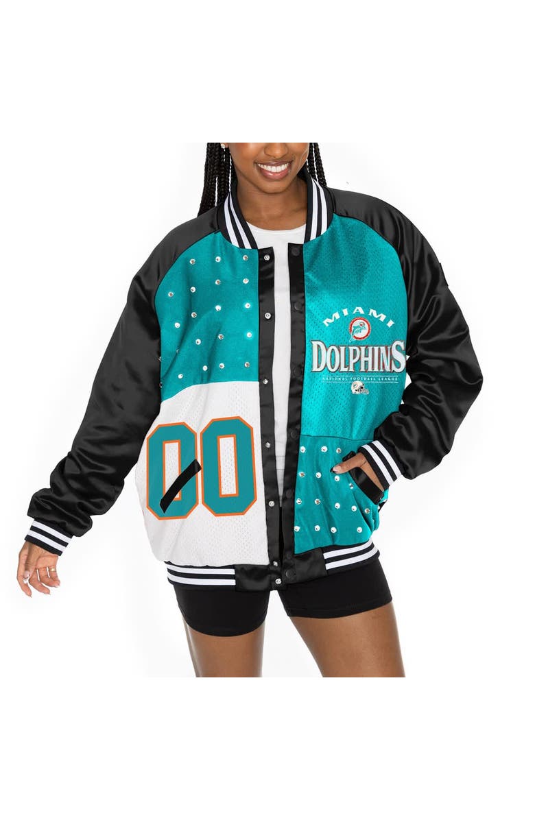 GAMEDAY COUTURE Women's Gameday Couture  Black/Aqua Miami Dolphins Oversized Hot Shot Rhinestone Throwback Full-Snap Varsity Bomber Jacket, Alternate, color, Black
