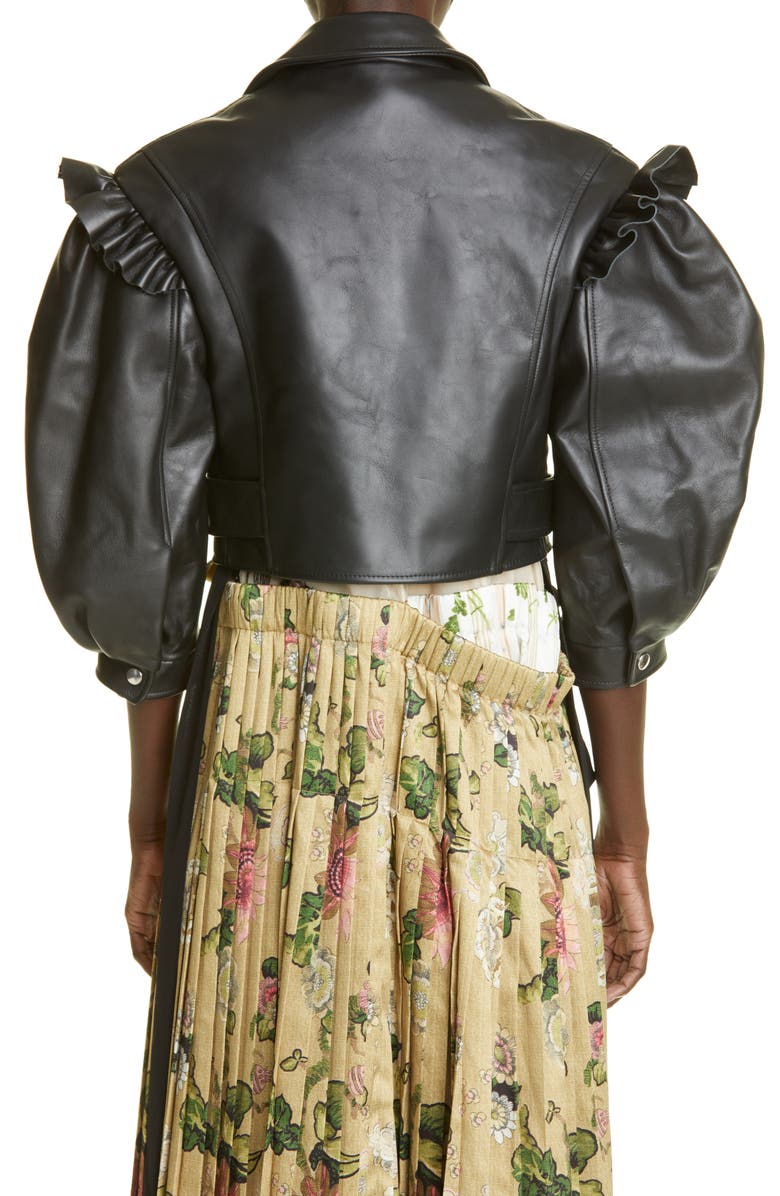 Simone Rocha Puff Sleeve Leather Crop Biker Jacket, Alternate, color, 