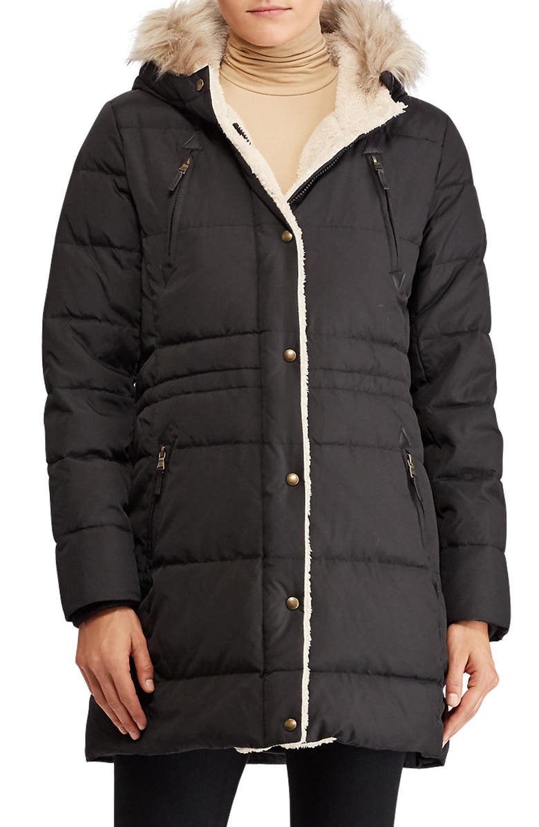Lauren Ralph Lauren Faux Shearling Lined Down & Feather Coat, Main, color, 