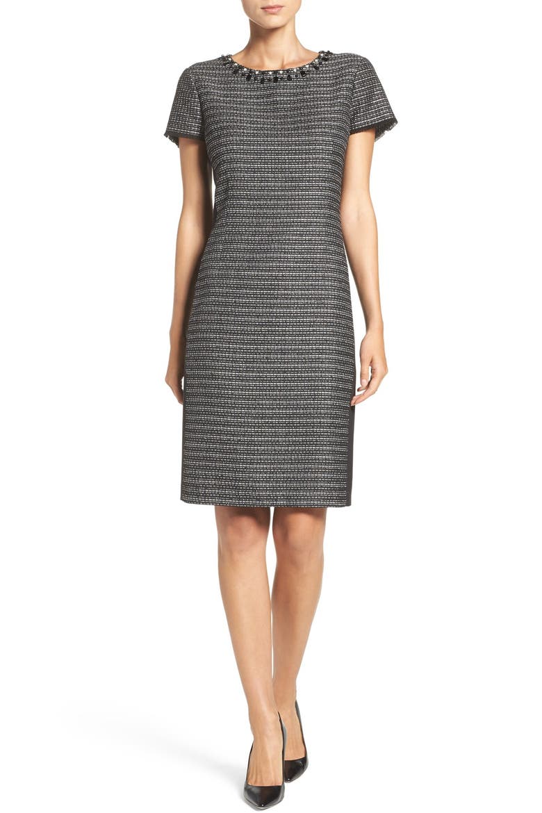 Embellished Tweed Shift Dress, Alternate, color, BLACK/ IVORY