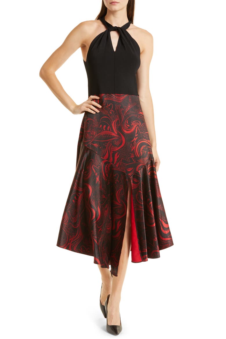 Rosieo Twist Knit Bodice Midi Dress, Main, color, BLACK