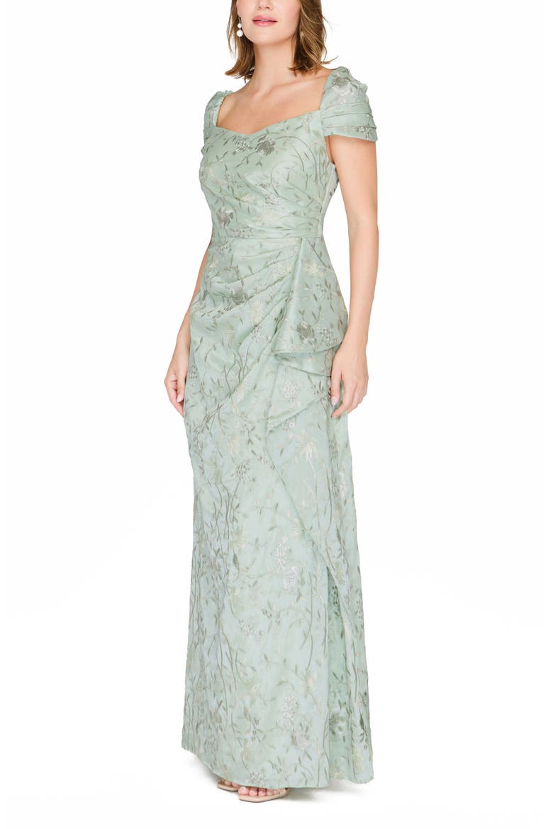 Blossom Cascade Embroidered Pleated Gown, Alternate, color, SEA FOAM