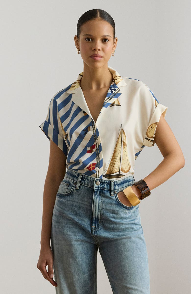 Lauren Ralph Lauren Print Short Sleeve Shirt, Alternate, color, Cream Multi