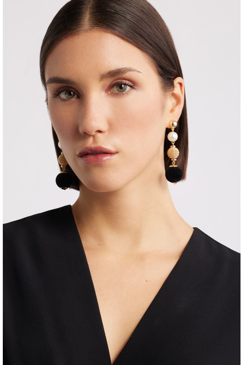 Orb Velvet & Faux Pearl Drop Earrings, Alternate, color, BLACK- IVORY- GOLD