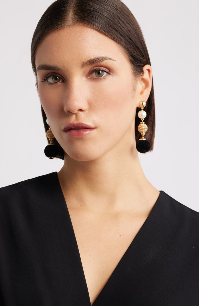 Nordstrom Orb Velvet & Faux Pearl Drop Earrings, Alternate, color, Black- Ivory- Gold