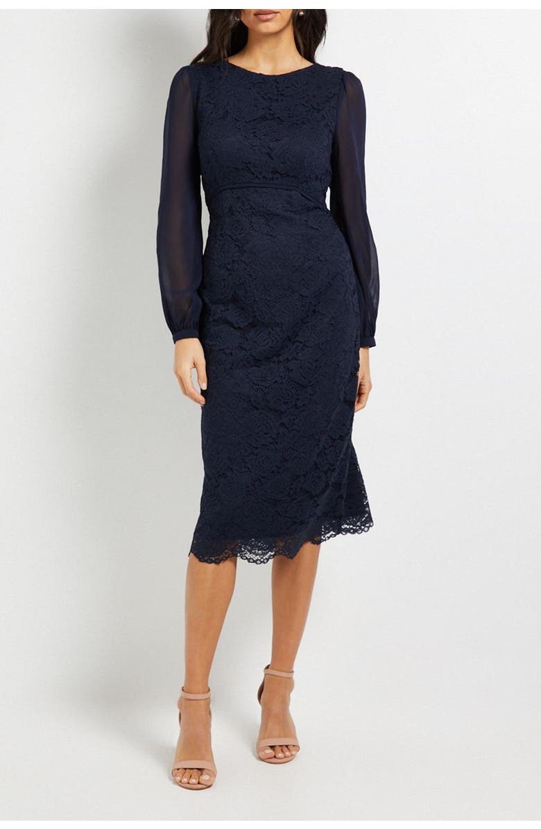 Wallis Lace Chiffon Cowl Back Pencil Dress, Alternate, color, Navy