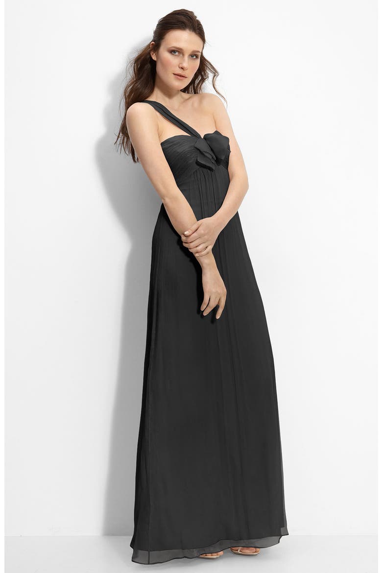 Bow Front One Shoulder Chiffon Gown, Main, color, BLACK