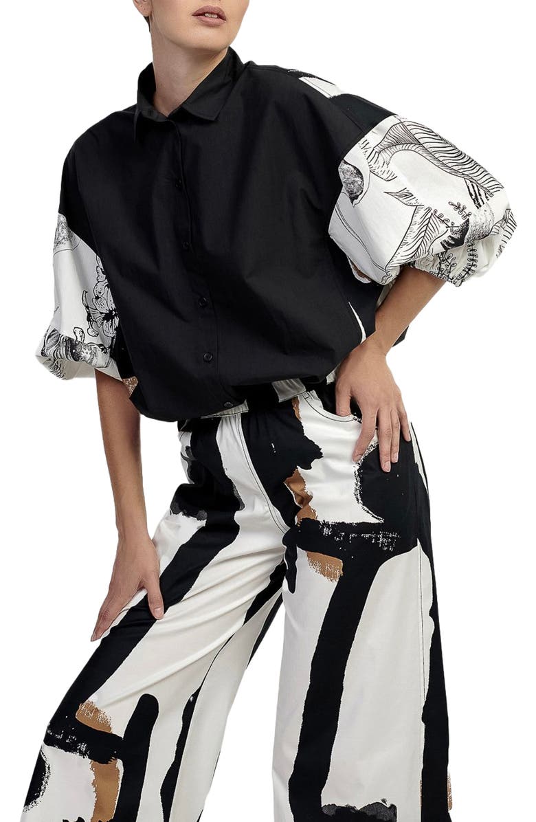 Alembika Mixed print button-up shirt with puff sleeves, Alternate, color, 