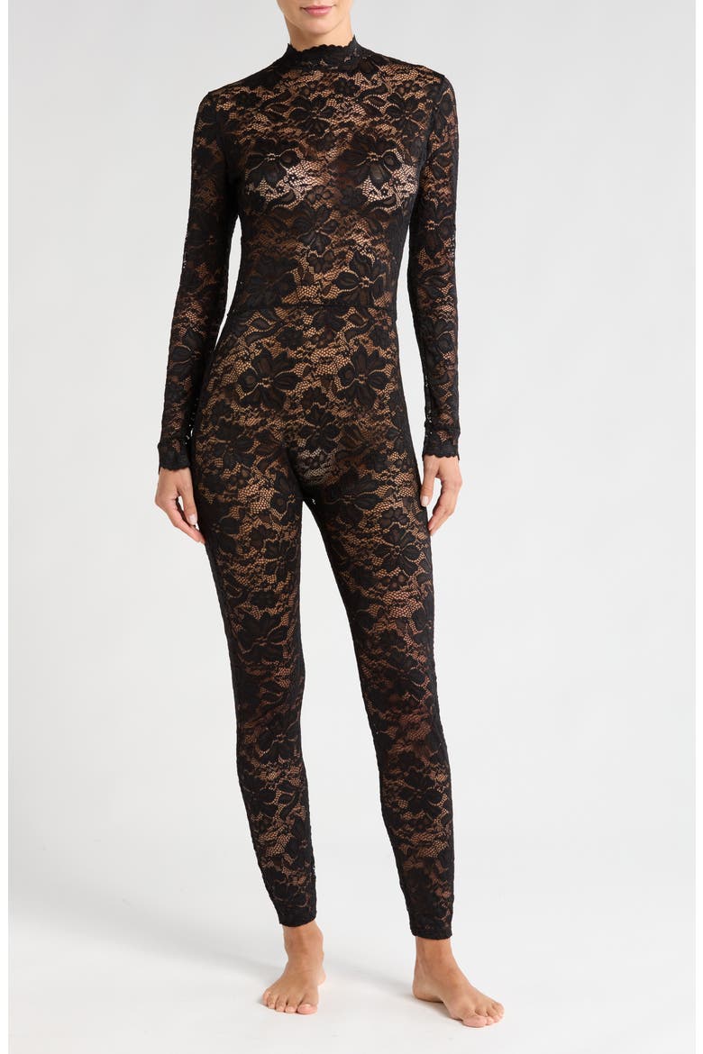 Long Sleeve Floral Lace Catsuit, Main, color, BLACK