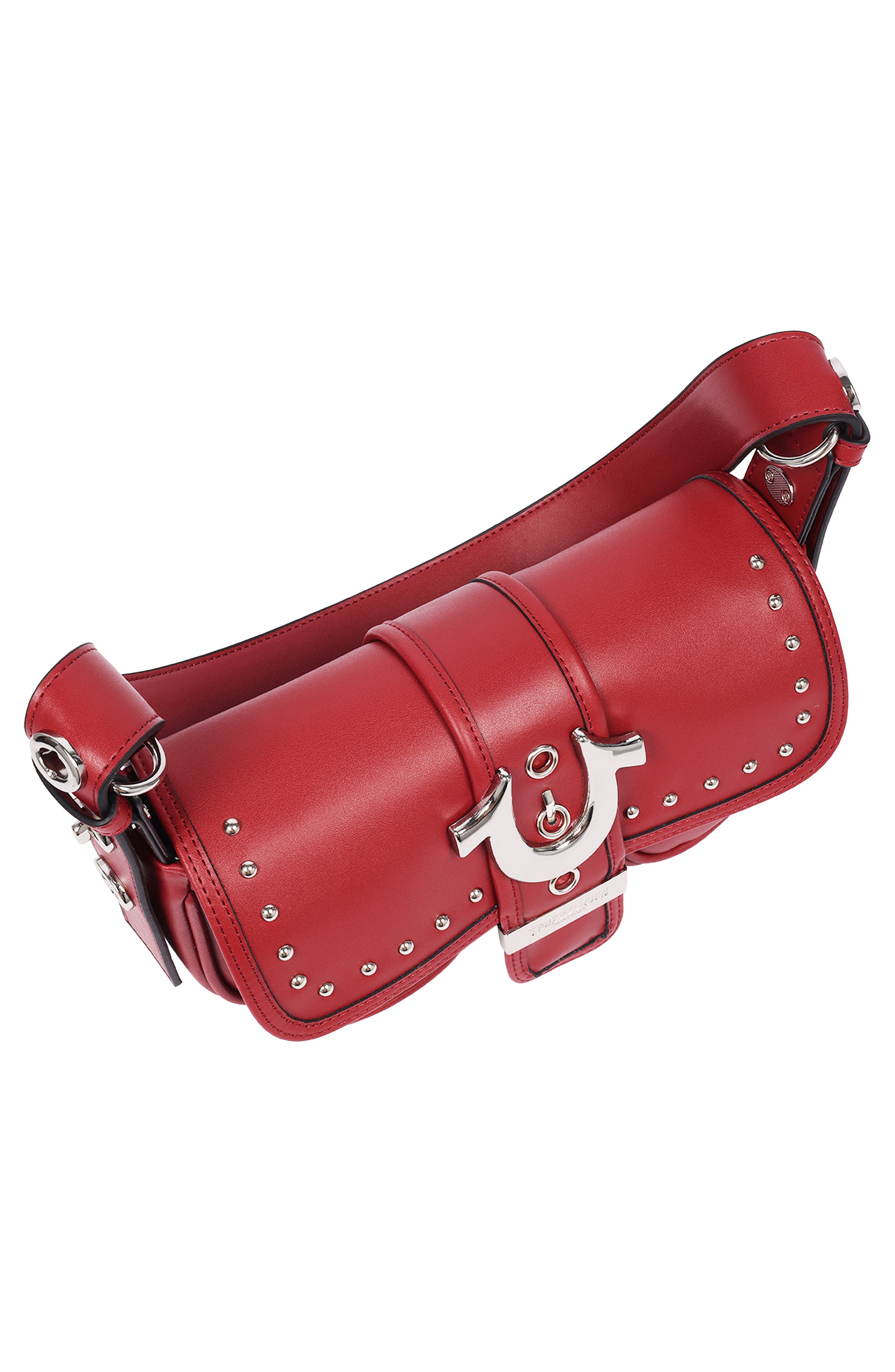 Smooth Moto Studded Faux Leather Shoulder Bag, Alternate, color, RED