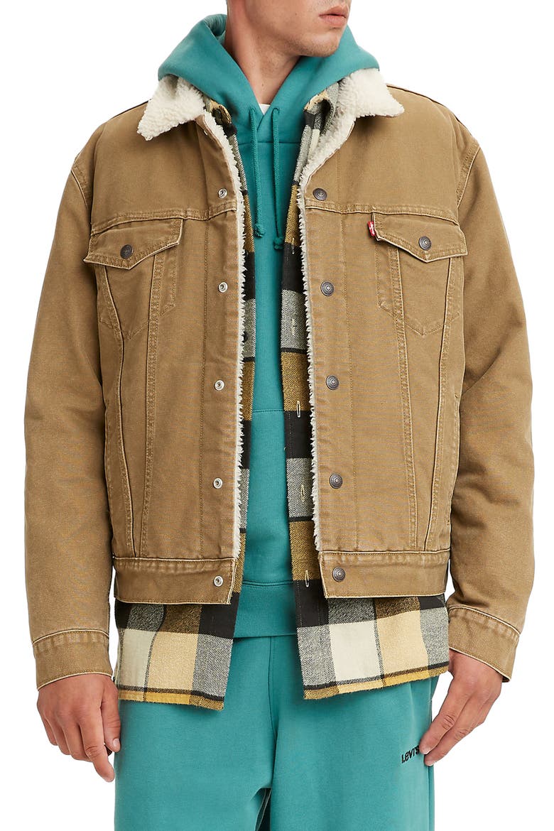 Levi's® High Pile Fleece Trim Trucker Jacket, Main, color, WASHED COUGAR CANVAS