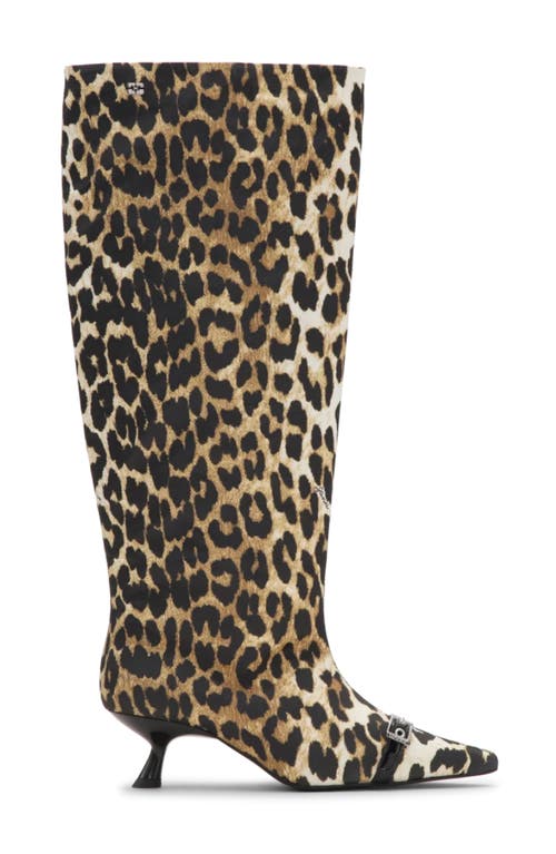 Ganni Slouchy Pointed Toe Kitten Heel Knee High Boot In Leopard