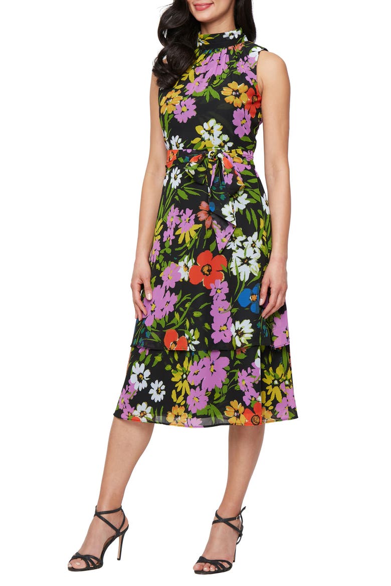 Sleeveless Tiered Midi Dress, Main, color, BLACK MULTI