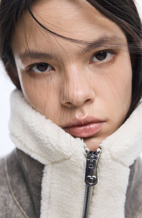 Desigual Mixed Media Faux Leather Jacket With Faux Shearling Trim In Gray