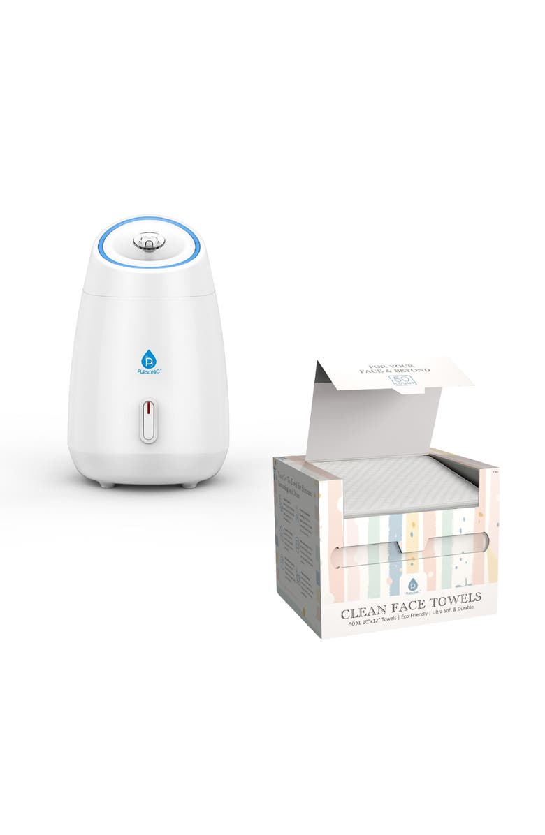PURSONIC Glow & Go Skincare Essentials Bundle Nano Facial Steamer + Clean Facial Towels, Main, color, White