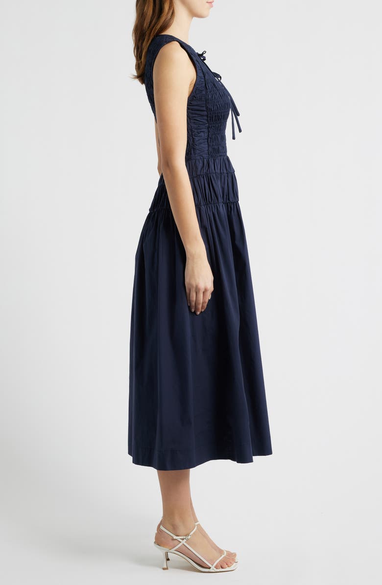 MOON RIVER Tie Front Smock Waist Midi Dress, Alternate, color, Navy