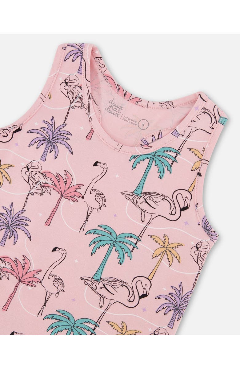 Deux par Deux Girl's Printed Organic Cotton Tank Top With Fringe Palm Trees, Pink Flamingo, And Turquoise, Alternate, color, 