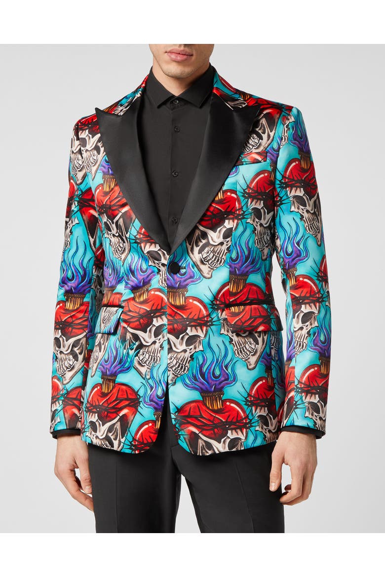 Satin Blazer Lord Fit Love Tattoo Men, Main, color, turquoise