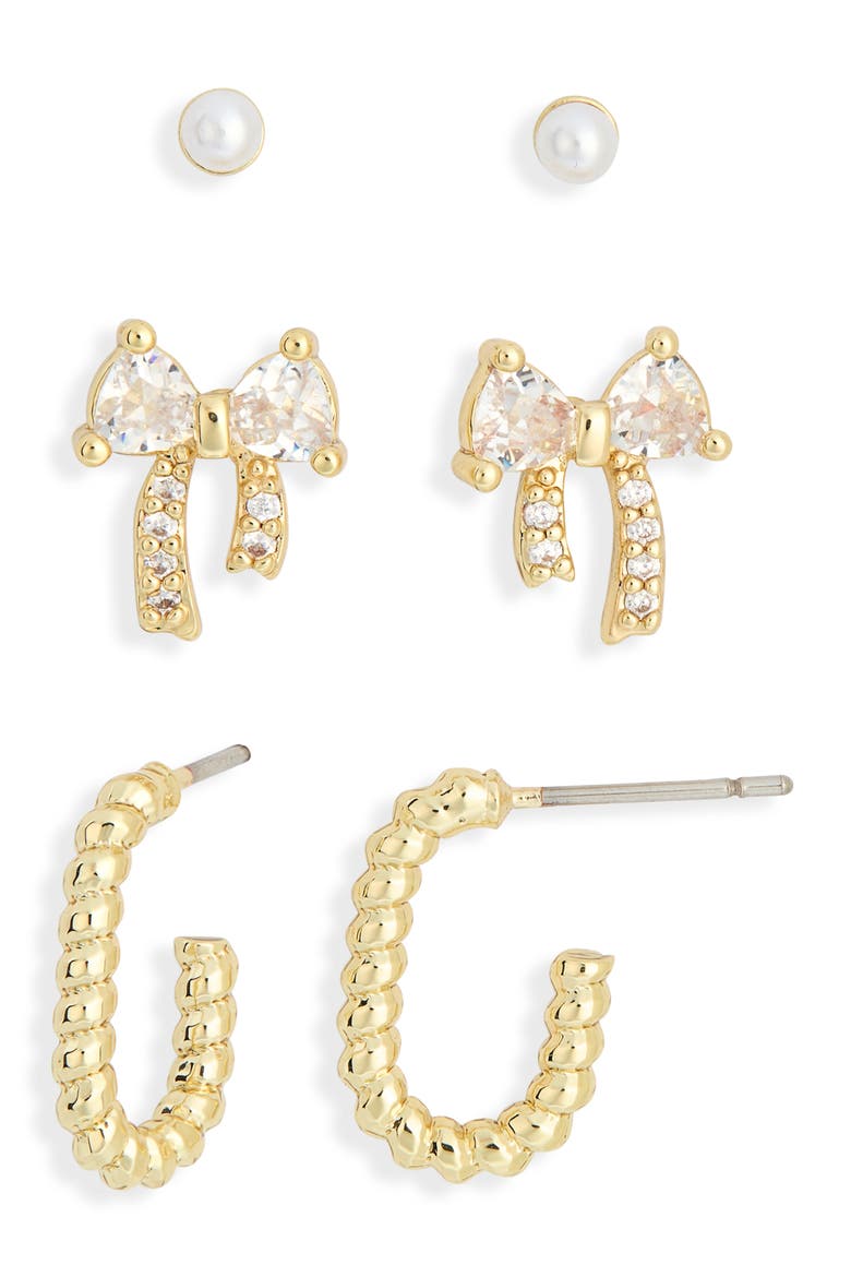 Set of 3 Faux Pearl Stud, Cubic Zirconia Bow & Huggie Hoop Earrings, Main, color, CLEAR- WHITE- GOLD