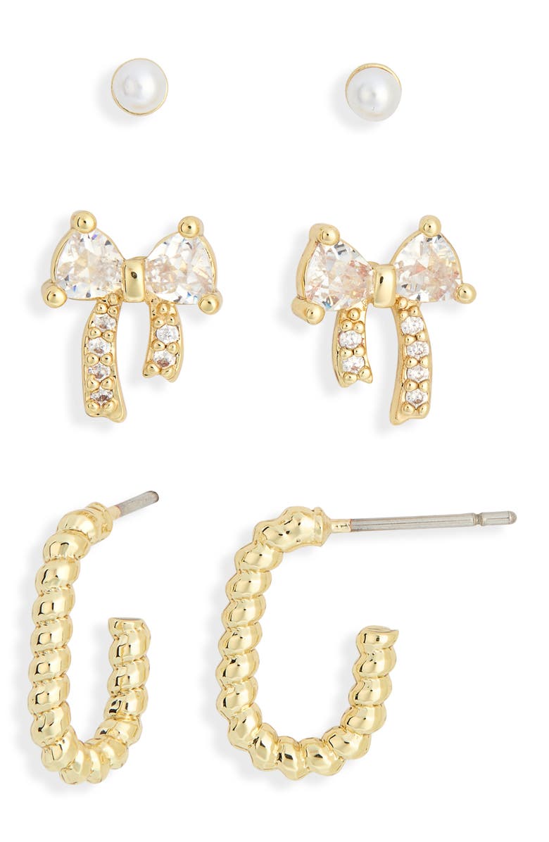 NORDSTROM RACK Set of 3 Faux Pearl Stud, Cubic Zirconia Bow & Huggie Hoop Earrings, Main, color, Clear- White- Gold