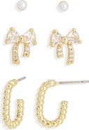 NORDSTROM RACK Set of 3 Faux Pearl Stud, Cubic Zirconia Bow & Huggie Hoop Earrings